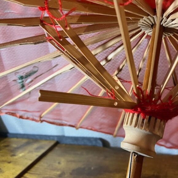 Vintage Transparent Red Fabric Parasol Floral with Butterflies Hand Painted 17"H - Picture 11 of 11